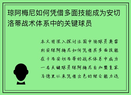 琼阿梅尼如何凭借多面技能成为安切洛蒂战术体系中的关键球员